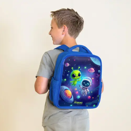 Vrolijke Ontmoeting in de Ruimte Kinderrugzak - Blauw middel -sfeer2