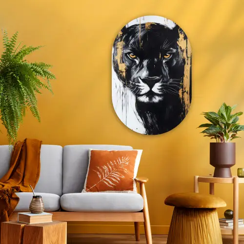 Panter - Zwart - Abstract - Verfstreken Wandcirkel Ovaal Glas middel -sfeer4