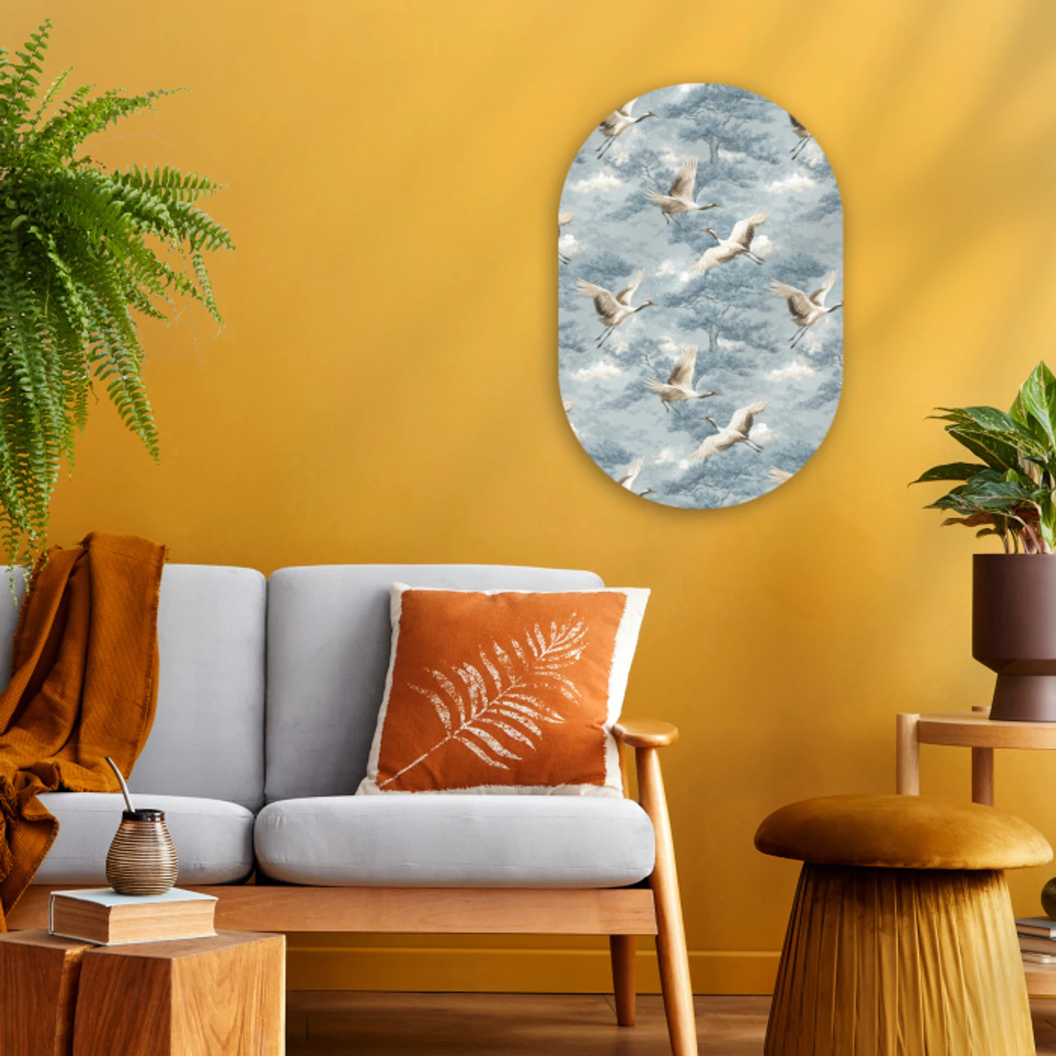 Wolken - Kraanvogels - Blauw Wandcirkel Ovaal Forex klein 630 -sfeer4