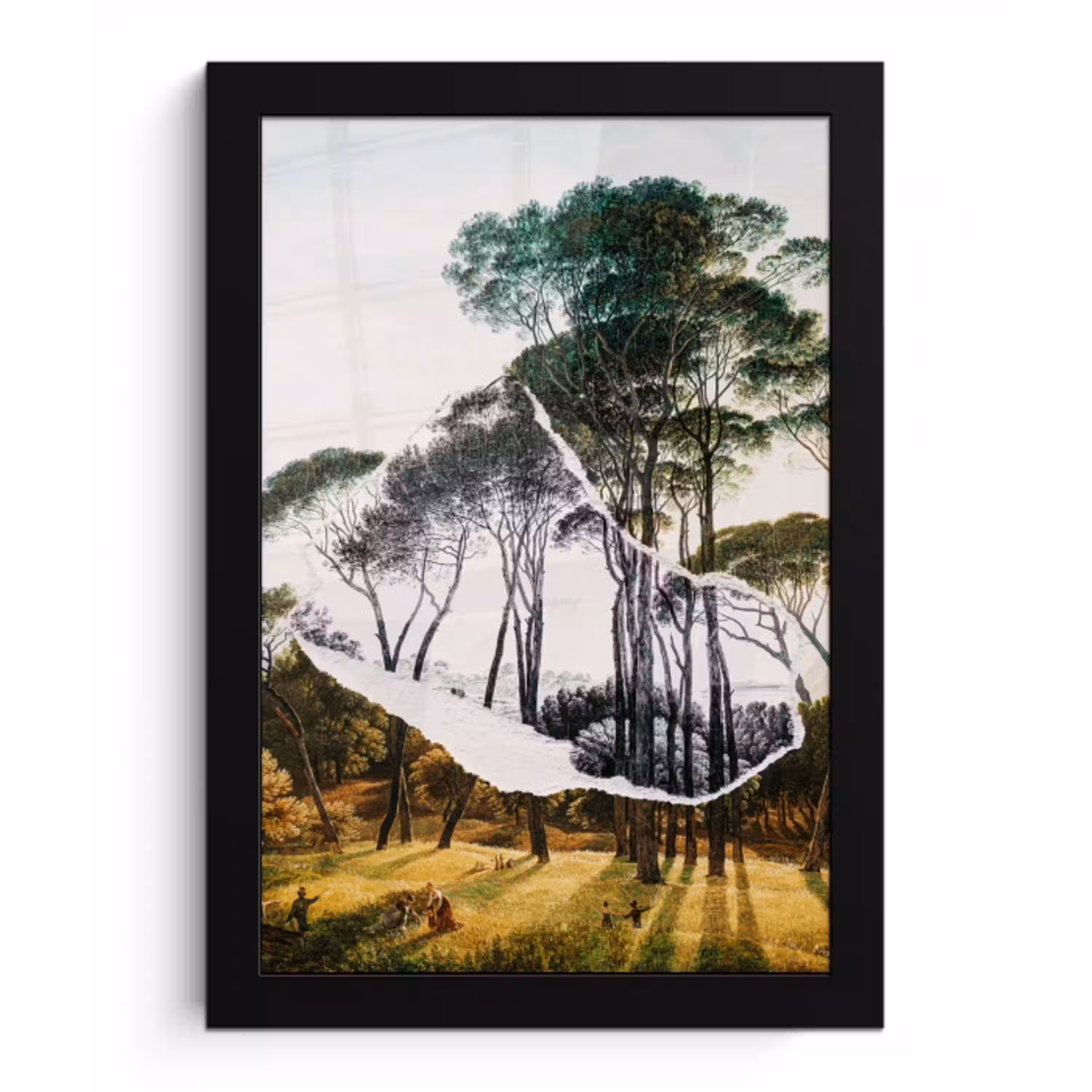 Italiaans landschap parasoldennen - Kunst - Hendrik Voogd - Schilderij - Zwart wit - Oude meesters fotolijst zwart zonder passe partout klein -3d