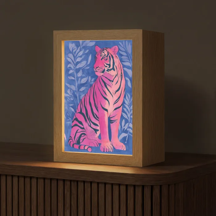 Tijger - Roze - Bladeren - Jungle Light Box met kabel (Tafellamp) klein -z3d_website