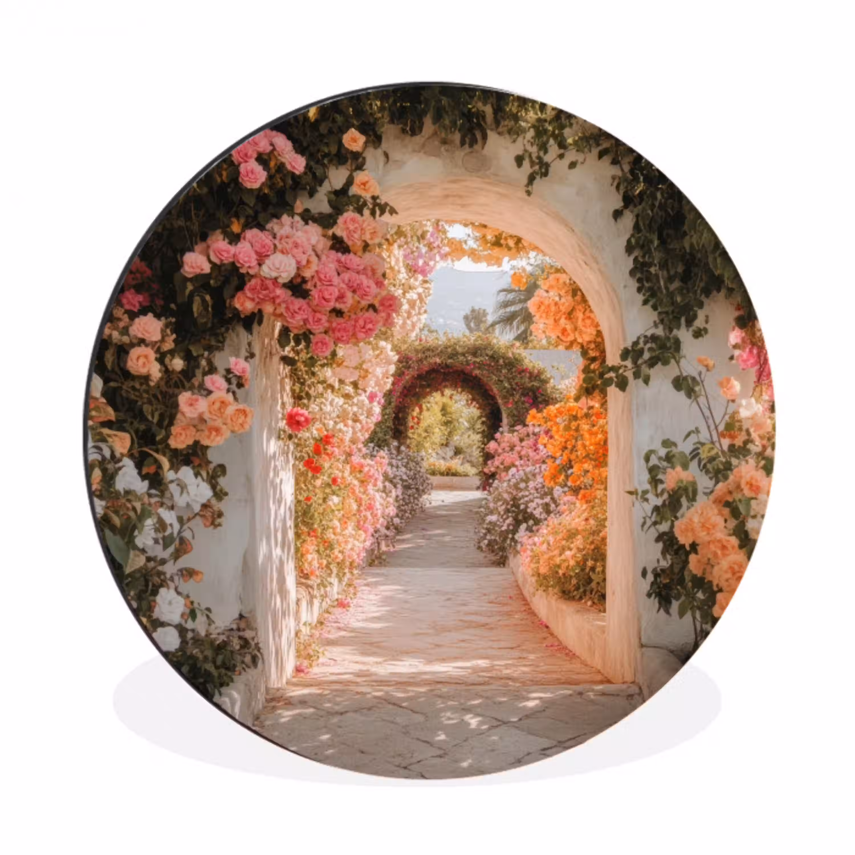 Doorkijk - Boog - Bloemen - Pastel Wandcirkel aluminium klein -3d