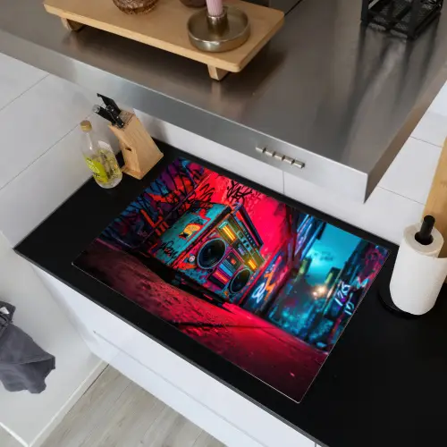 Boombox - Rood - Graffiti - Neon Inductie beschemer met haakjes klein -sfeer1