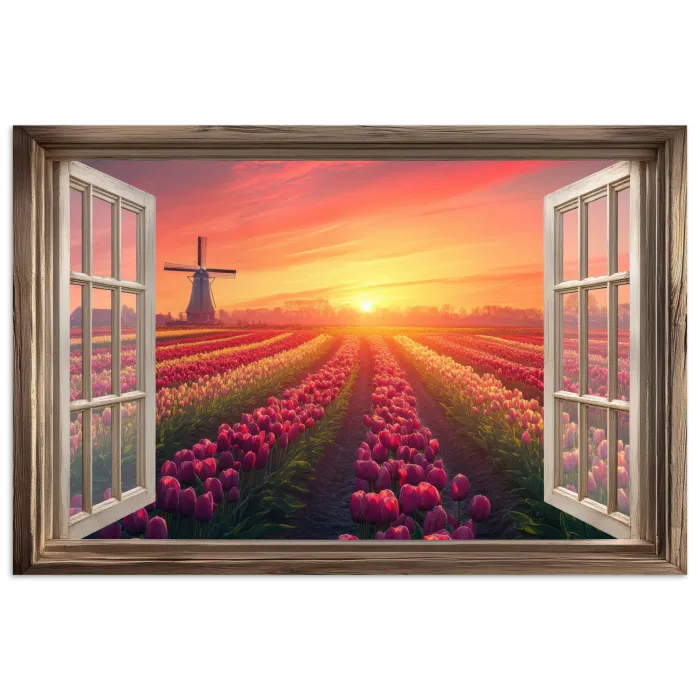 Doorkijk - Tulpen - Zonsondergang - Bloemen - Kleurrijk poster papier klein -3d
