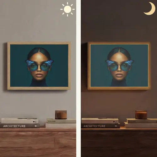 Vrouw - Vlinder - Bril - Blauw - Modern - Portret Light Box met batterij (Wandlamp) middel -sfeer3