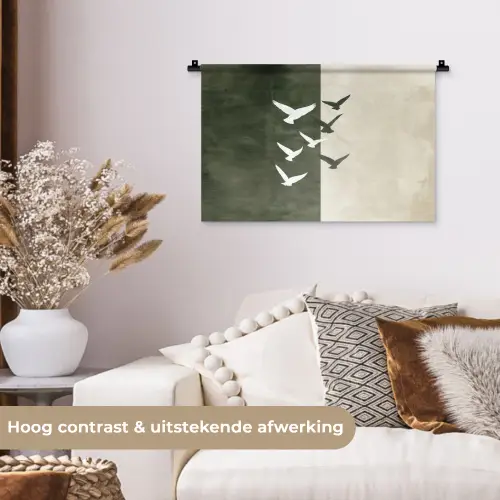 Japandi - Vogel - Groen Wandkleed katoen klein -sfeer1