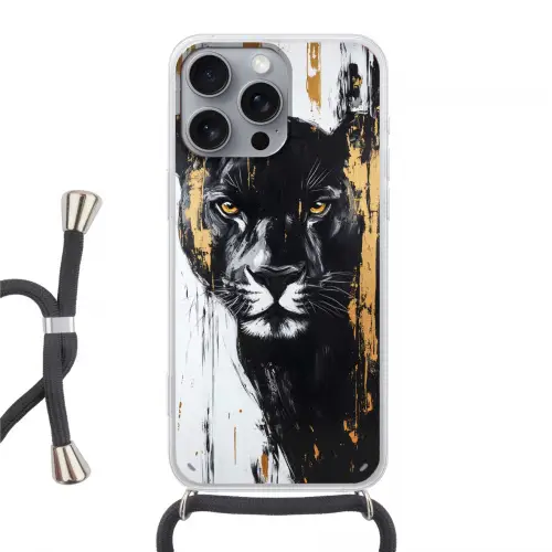 Panter - Zwart - Abstract - Verfstreken Hoesje iPhone 16 Pro Max met koord klein -3d