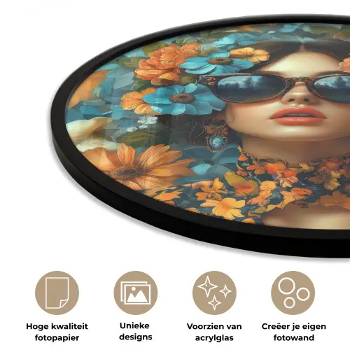Vrouw - Bloemen - Oranje - Blauw - Modern Fotolijst rond zonder passe partout klein -closeup_NL