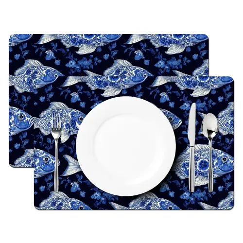 Vissen - Bloemen - Blauw Placemat vinyl groot 368 -zzsfeer2_Kitchenyeah-website