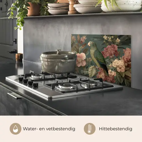 Groene papegaai - Kleurrijke bloemen - Donkere achtergrond keuken achterwand spatscherm klein -usp_NL