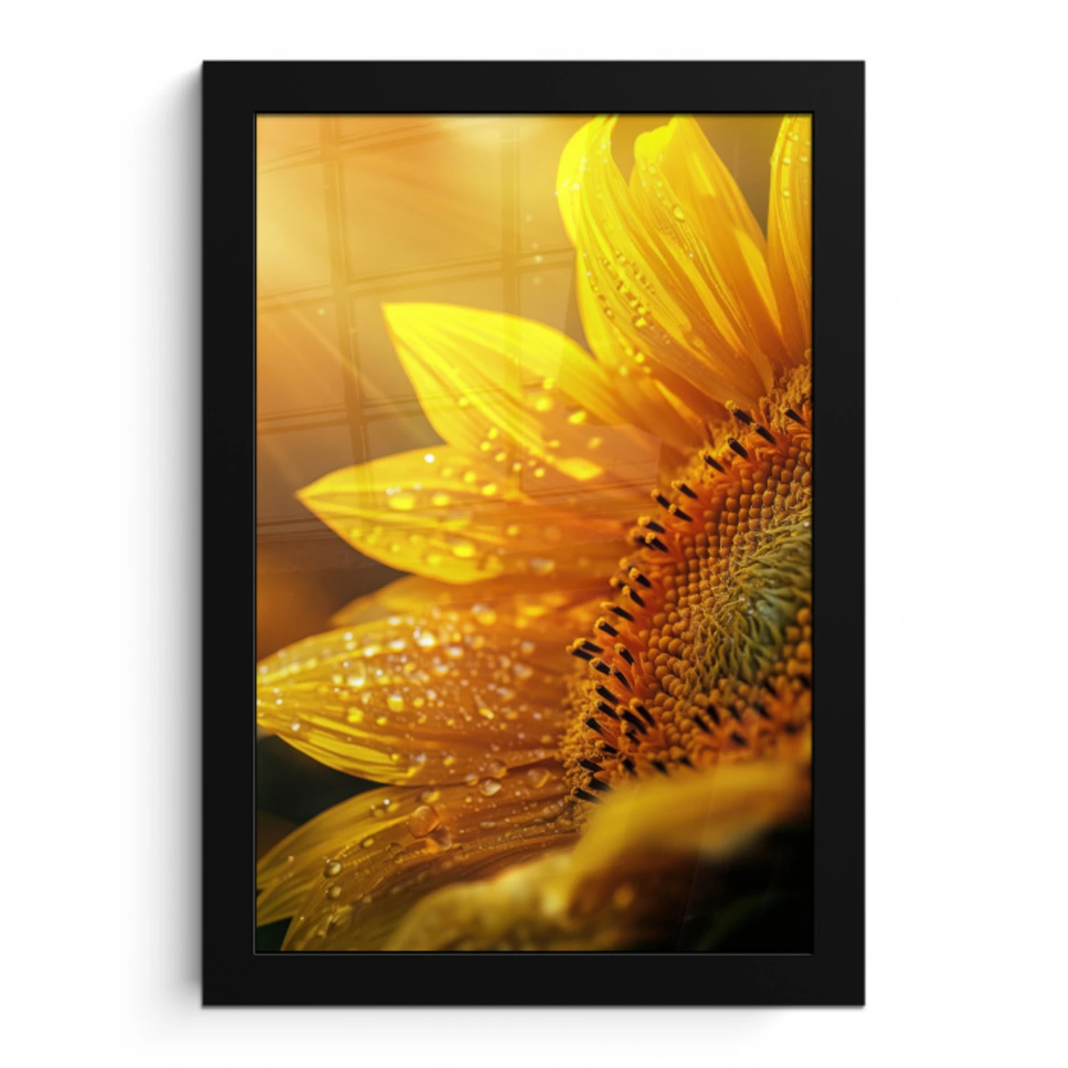 Zonnebloem - Dauwdruppels - Geel - Zonlicht fotolijst zwart zonder passe partout klein -3d