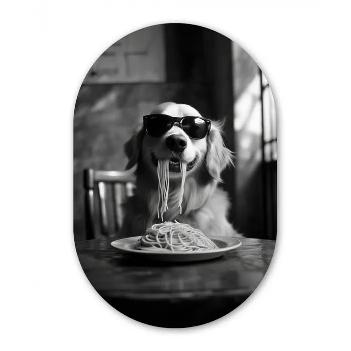 Golden Retriever - Hond - Vrolijk -  Bord spaghetti - Zwart - wit Wandcirkel Ovaal Glas middel -3d