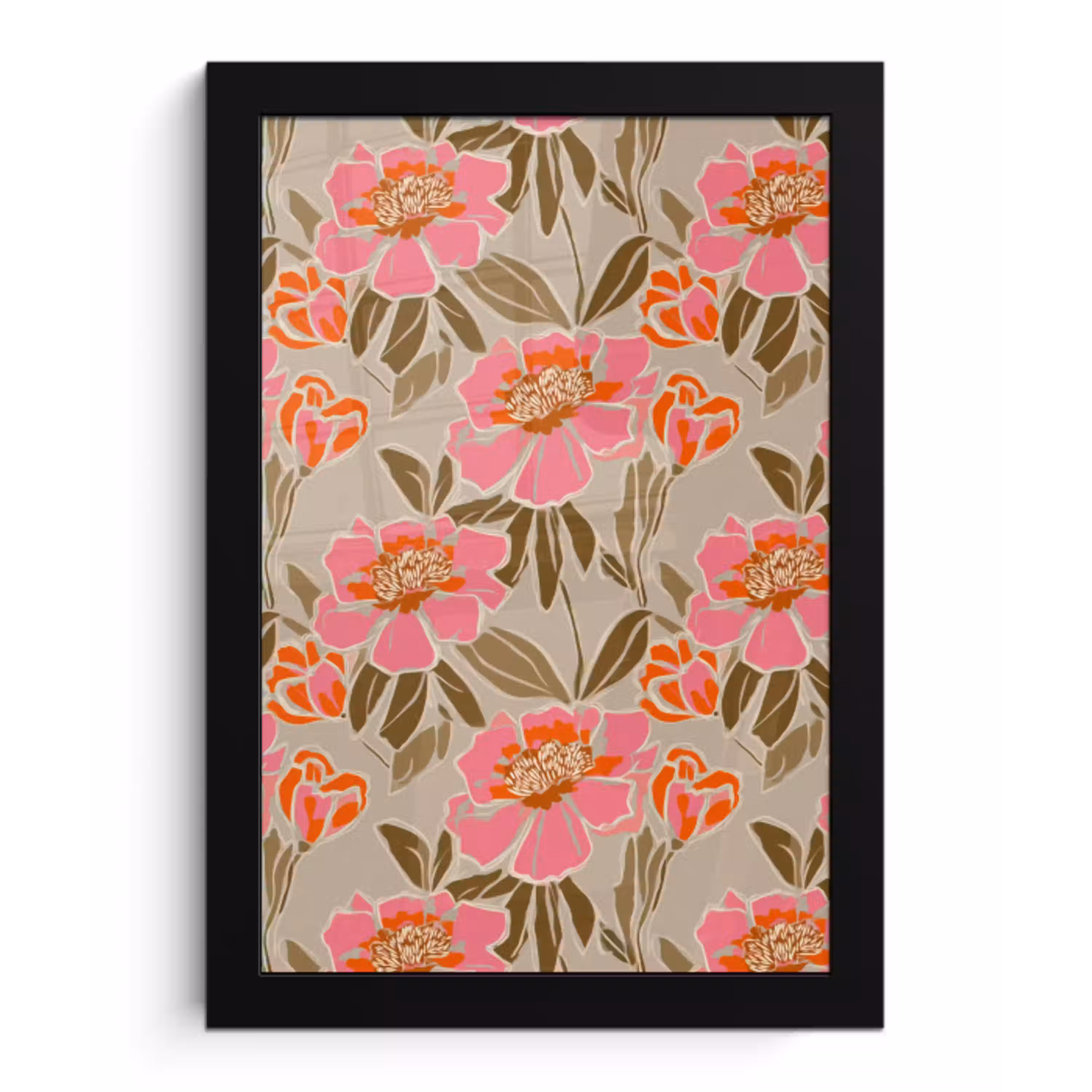 Pioenrozen - Patroon - Roze fotolijst zwart zonder passe partout klein 224 -3d