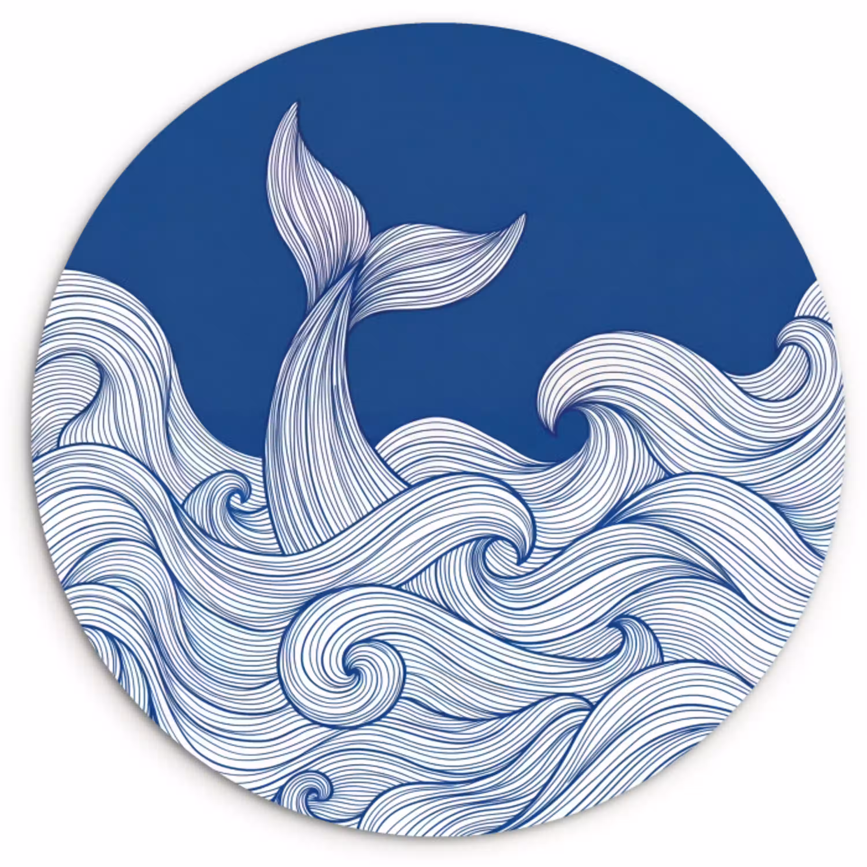 Walvis - Staart - Golven - Lijntekening - Blauw Wandcirkel kunststof plaat 5mm dik klein -3d