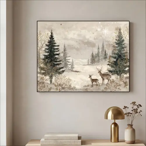 Bos - Herten - Winter - Sneeuw Textielframe zwart klein -sfeer2