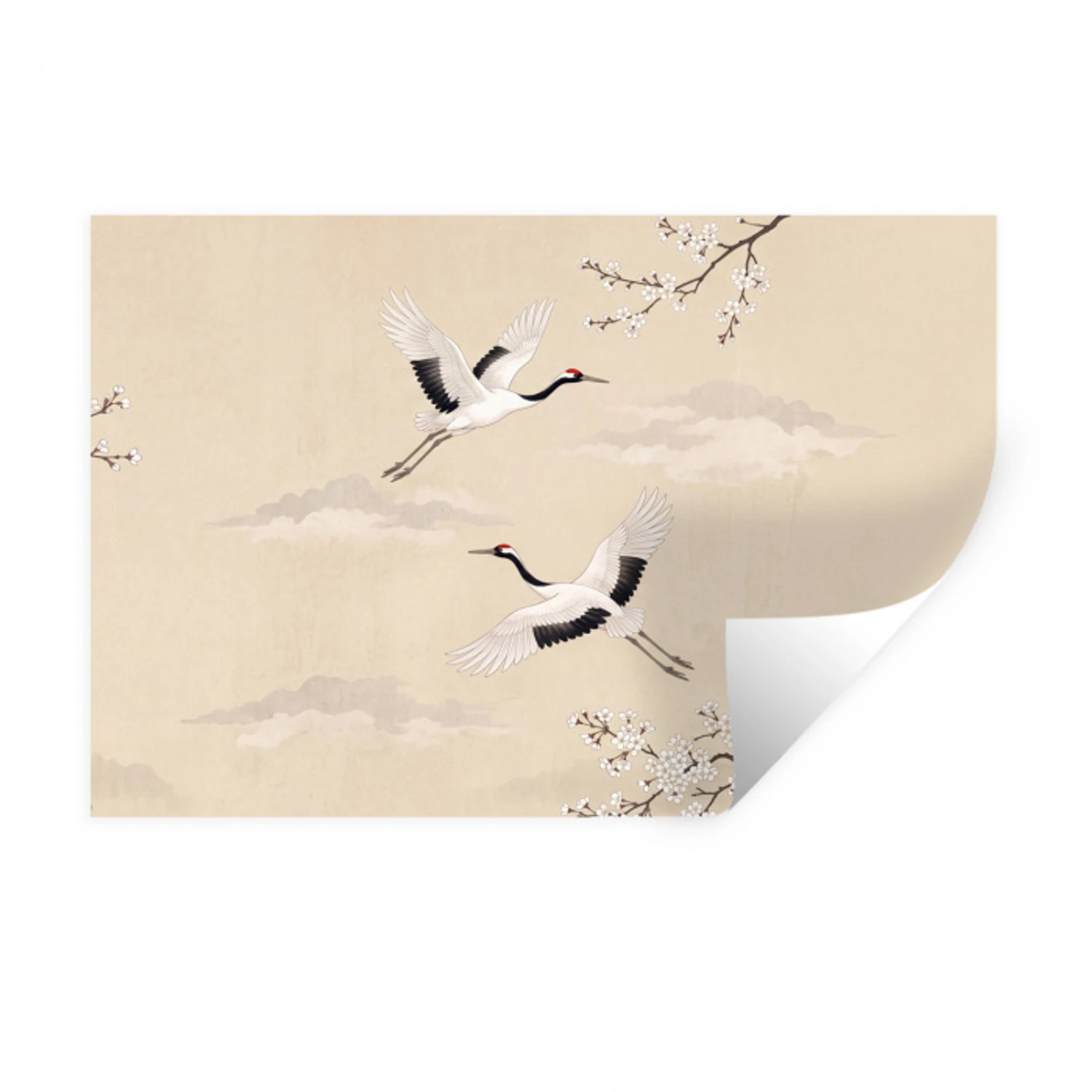 Kraanvogels - Bloesem - Beige Muursticker klein -3d
