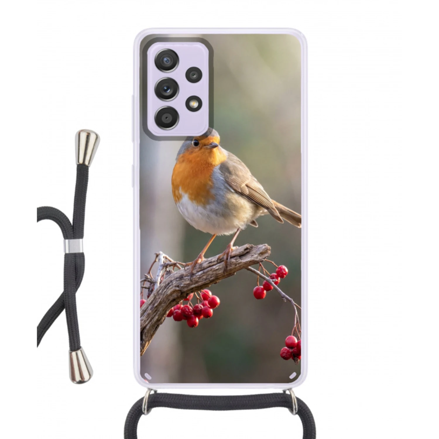 Roodborst - Tak - Bessen - Natuur Hoesje Samsung Galaxy A52 5G met koord klein -3d