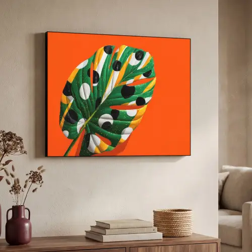 Blad - Oranje - Stippen - Kleurrijk Textielframe zwart klein -sfeer3