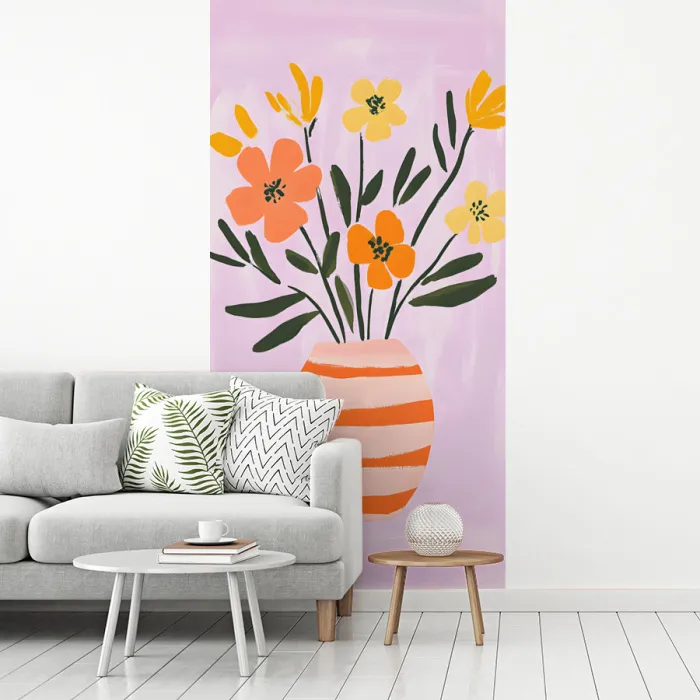 Vaas - Gestreept - Bloemen - Oranje fotobehang vinyl groot -woonkamer