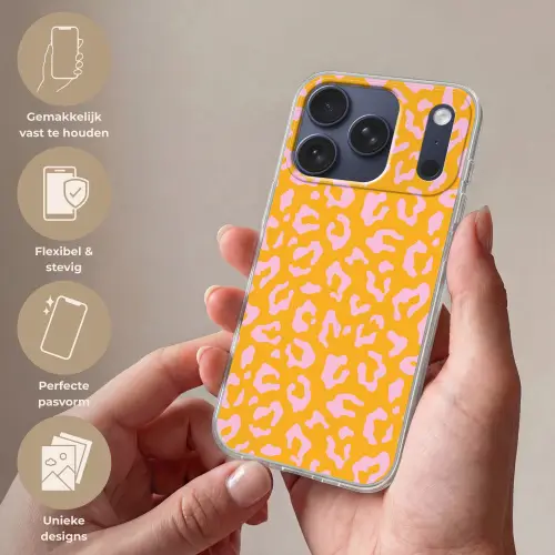 Panterprint - Oranje - Roze - Dierenprint Telefoonhoesje iPhone 17 Pro klein -sfeer3_NL