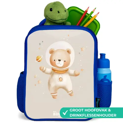 Beige ruimtebeer zweeft tussen sterren Kinderrugzak - Blauw middel -inhoud_NL