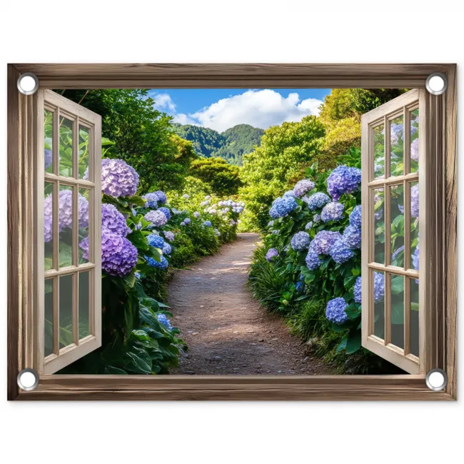 Doorkijk - Hortensia - Pad - Natuur tuinposter los doek klein -3d