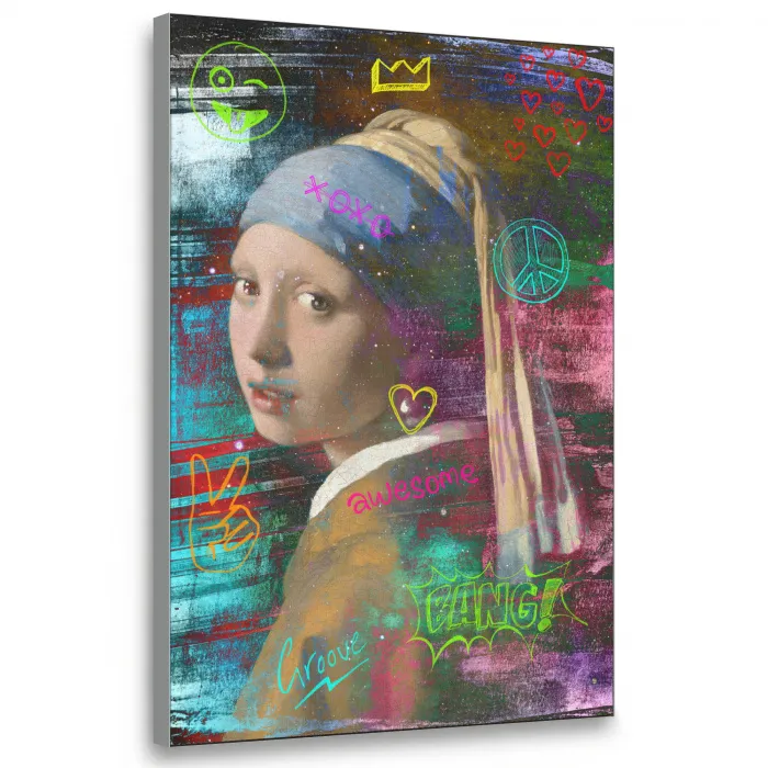 Meisje met de parel - Johannes Vermeer - Neon Textielframe zilver middel -3d