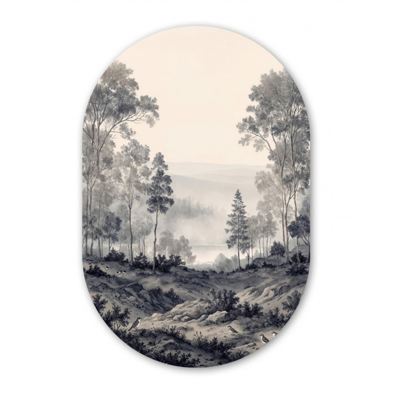 Mistig - Berglandschap - Illustratie Wandcirkel Ovaal Aluminium middel -3d
