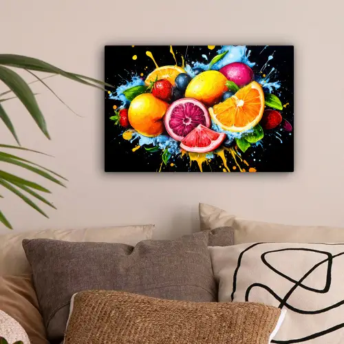 Fruit - Graffiti - Kleurrijk - Sinaasappel - Aardbei - Abstract canvas 2cm klein -sfeer1