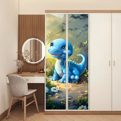 Dino - Blauw - Baby - Dinosaurus deurposter klein -sfeer3