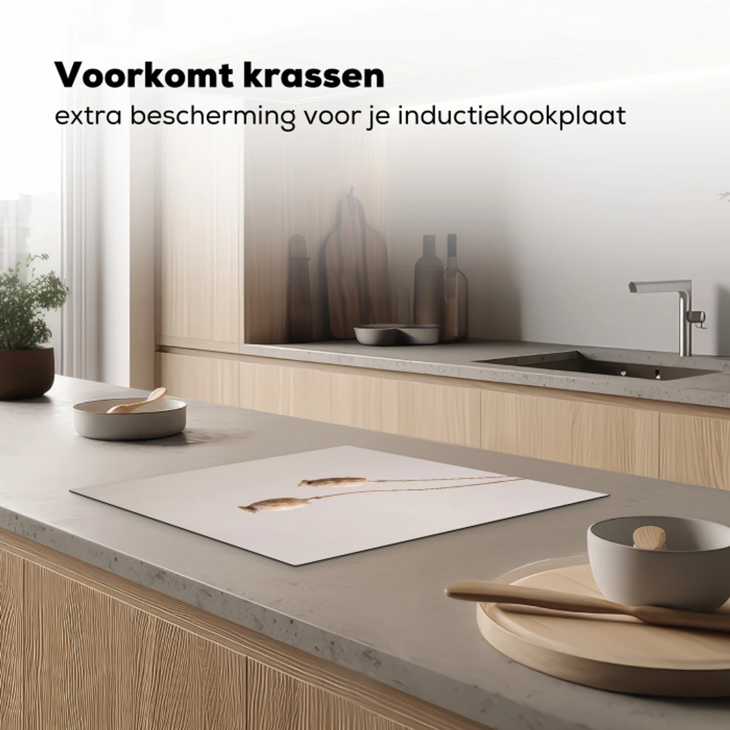 Papaverbollen - Droogbloemen - Minimalistisch - Beige - Rustig Inductie beschermer vinyl 3mm middel -sfeer1