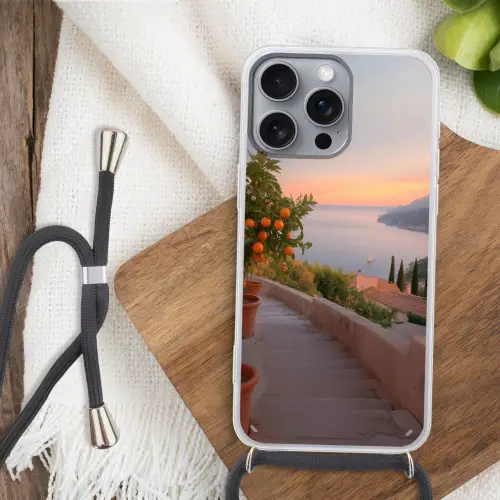 Middelandse zee - Sinaasappel - Heuvels - Zee Hoesje iPhone 16 Pro Max met koord klein -sfeer4
