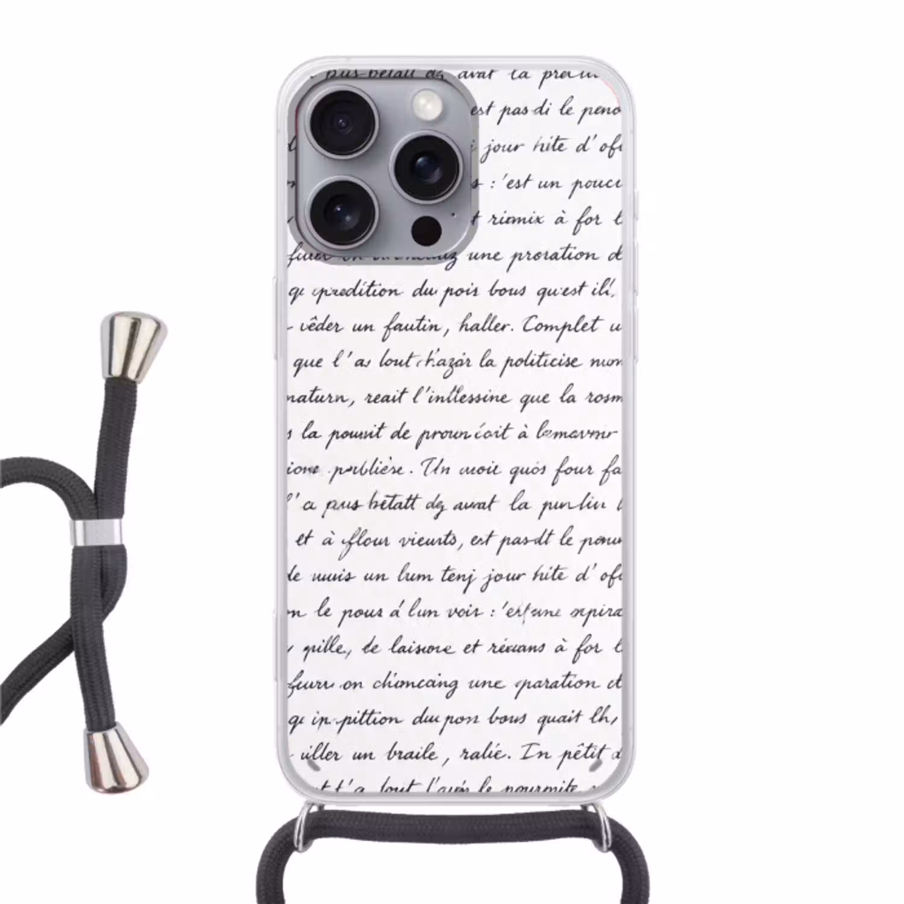 Tekst - Handschrift - Klassiek - ZwartWit Hoesje iPhone 16 Pro Max met koord klein -3d