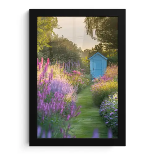 Tuinhuisje - Blauw - Bloemen fotolijst zwart zonder passe partout klein -3d