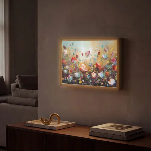 Bloemen - Kunst - Natuur - Olieverf Light Box met batterij (Wandlamp) middel -sfeer1