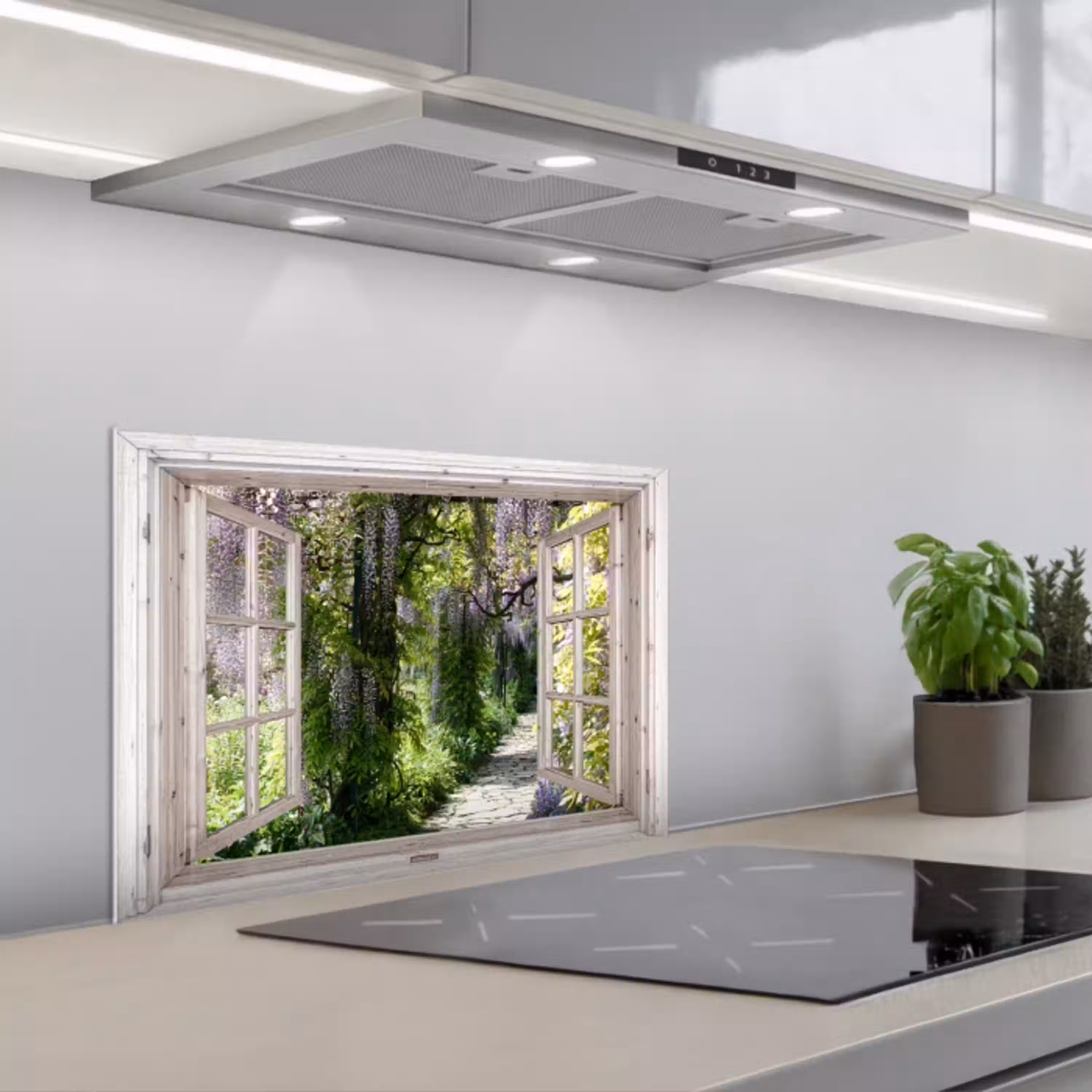 Uitzicht op de Wisteriatuin keuken achterwand spatscherm klein -3d_schuin
