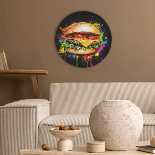 Hamburger - Graffiti - Verf - Kleurrijk - Eten - Abstract Akoestische PET Vilt - Rond klein -sfeer1