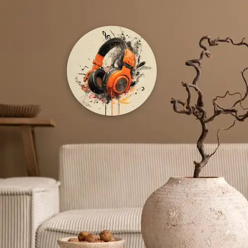 Koptelefoon - Oranje - Explosief Wandcirkel kunststof plaat 5mm dik klein -sfeer1