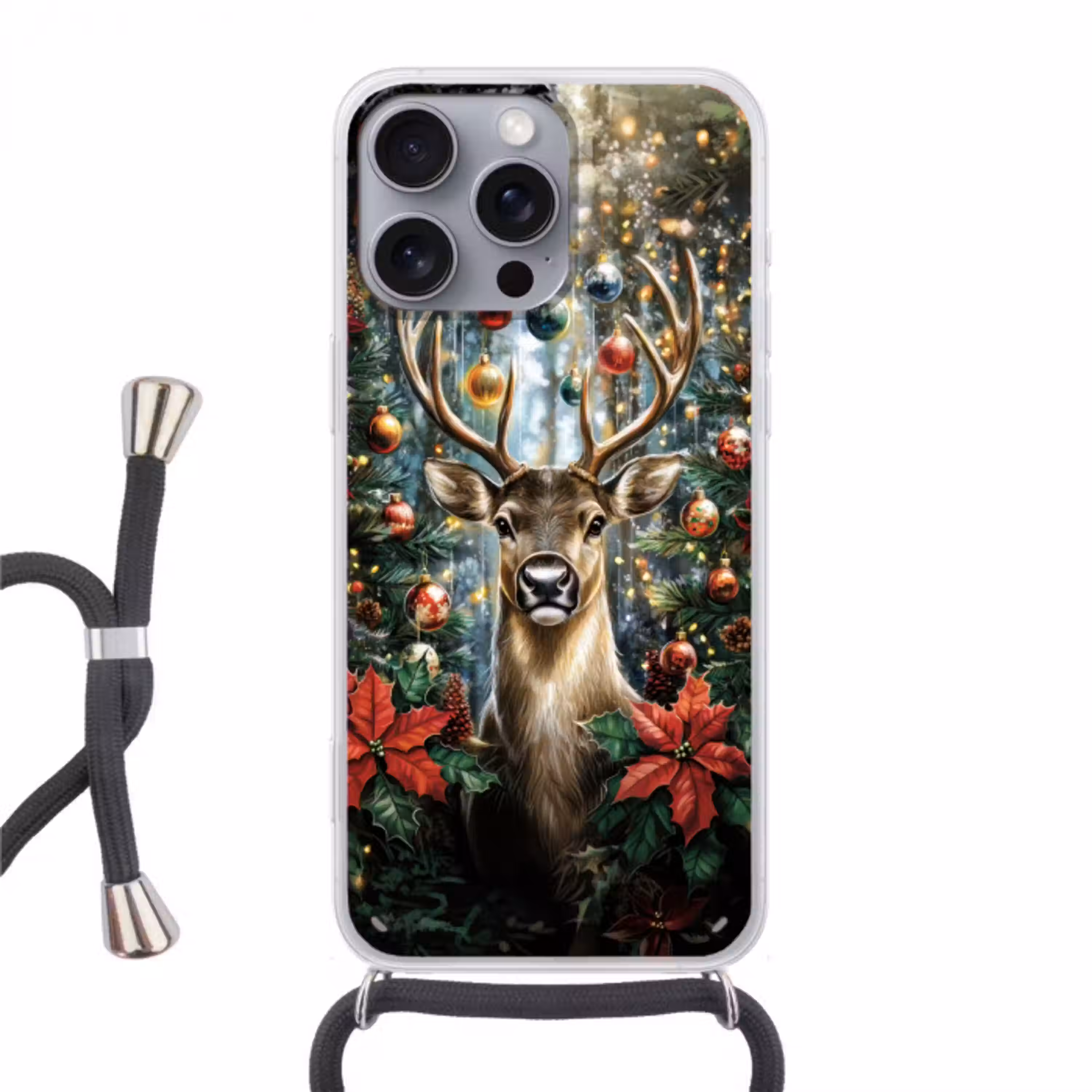 Kerstfeest - Dennenbos - Rood Hoesje iPhone 16 Pro Max met koord klein -3d