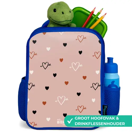 Hartjes met pijlen in zwart, wit en roze Kinderrugzak - Blauw middel -inhoud_NL