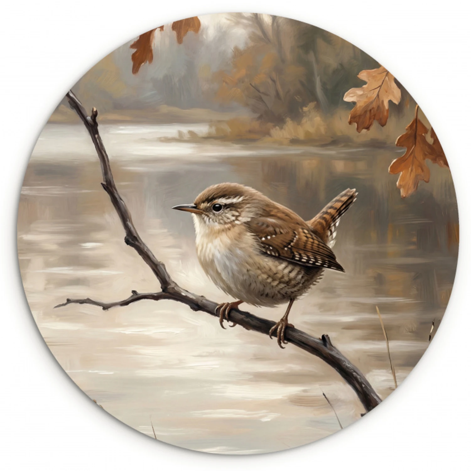 Winterkoninkje - Tak - Rivier - Natuur - Sfeervol Wandcirkel kunststof plaat 5mm dik klein -3d
