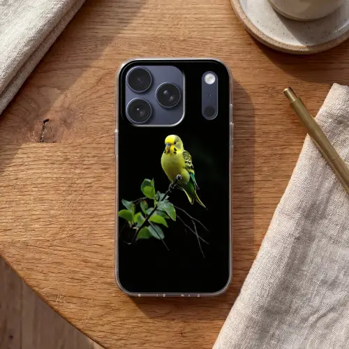 Parkiet - Tak - Bladeren - Geel Telefoonhoesje iPhone 17 Pro klein -sfeer1