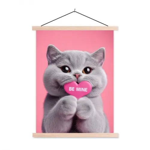 Kat - Valentijn - Roze - Liefde textielposter latten blank klein -3d
