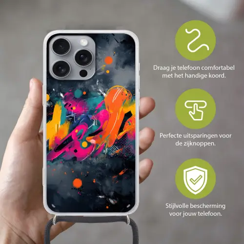 Abstract - Graffiti - Kleurrijk - Verfspatten Hoesje iPhone 16 Pro Max met koord klein -sfeer2_NL