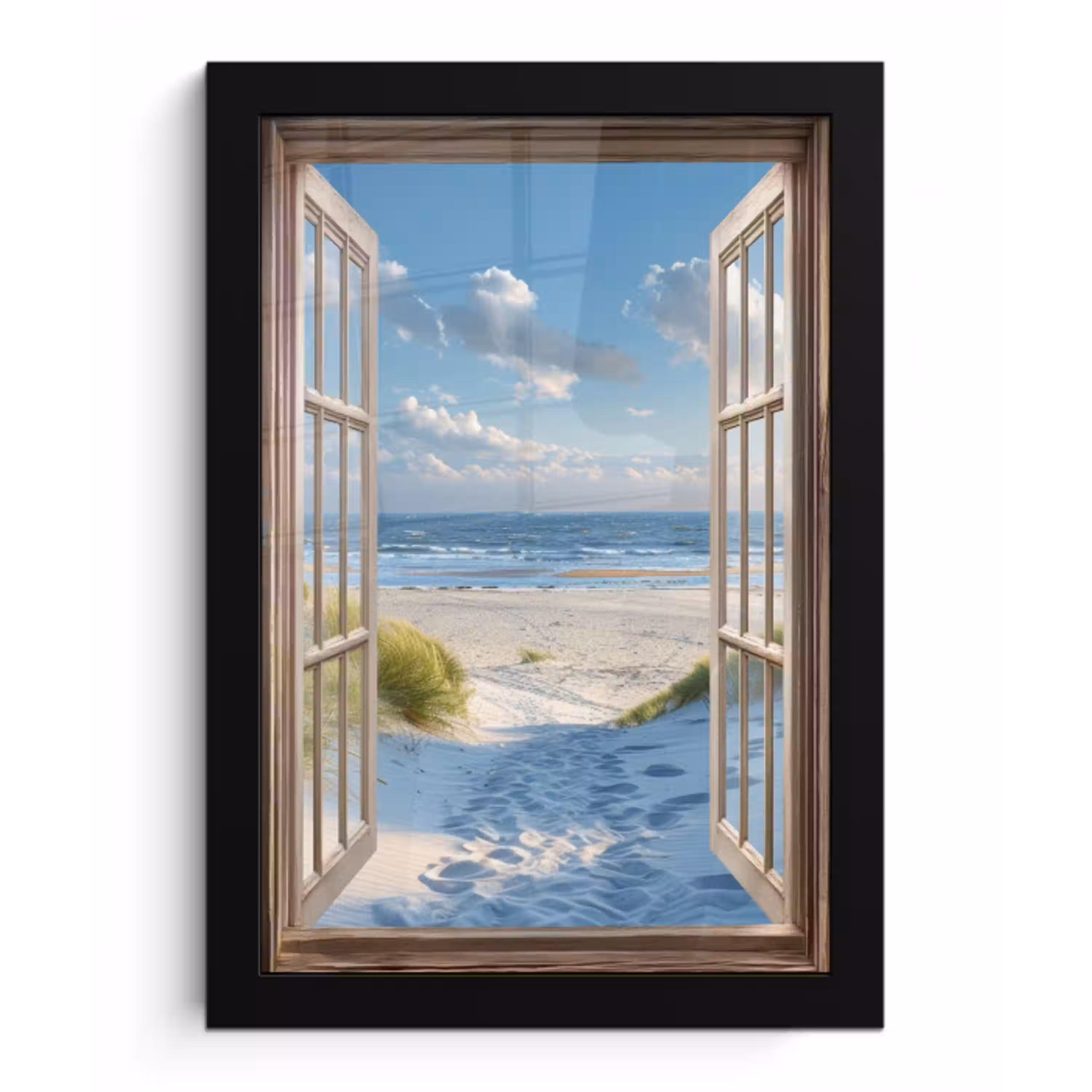 Doorkijk - Strand - Raam - Duinen - Zee fotolijst zwart zonder passe partout klein -3d