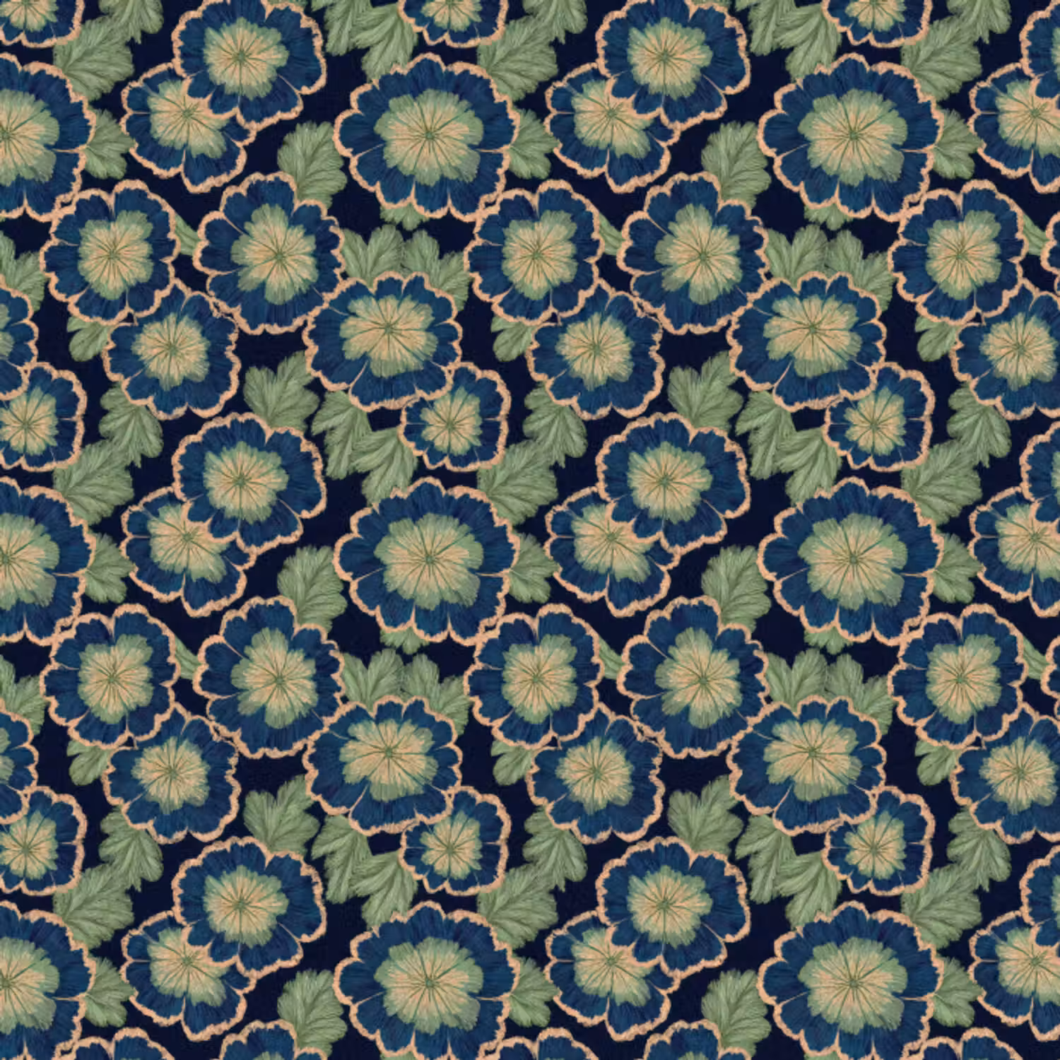 Behang - Bloemen - Borduurwerk - Patroon - Blauw - Groen