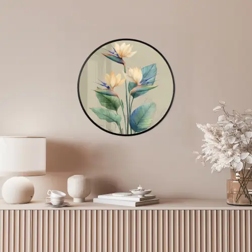 Paradijsvogelbloemen - Blauwgroene bladeren - Beige Fotolijst rond zonder passe partout klein -sfeer3