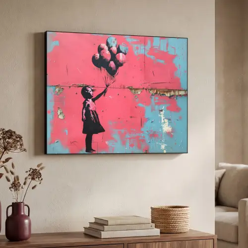 Graffiti - Meisje - Ballon - Roze - Blauw - Street art Textielframe zwart klein -sfeer3