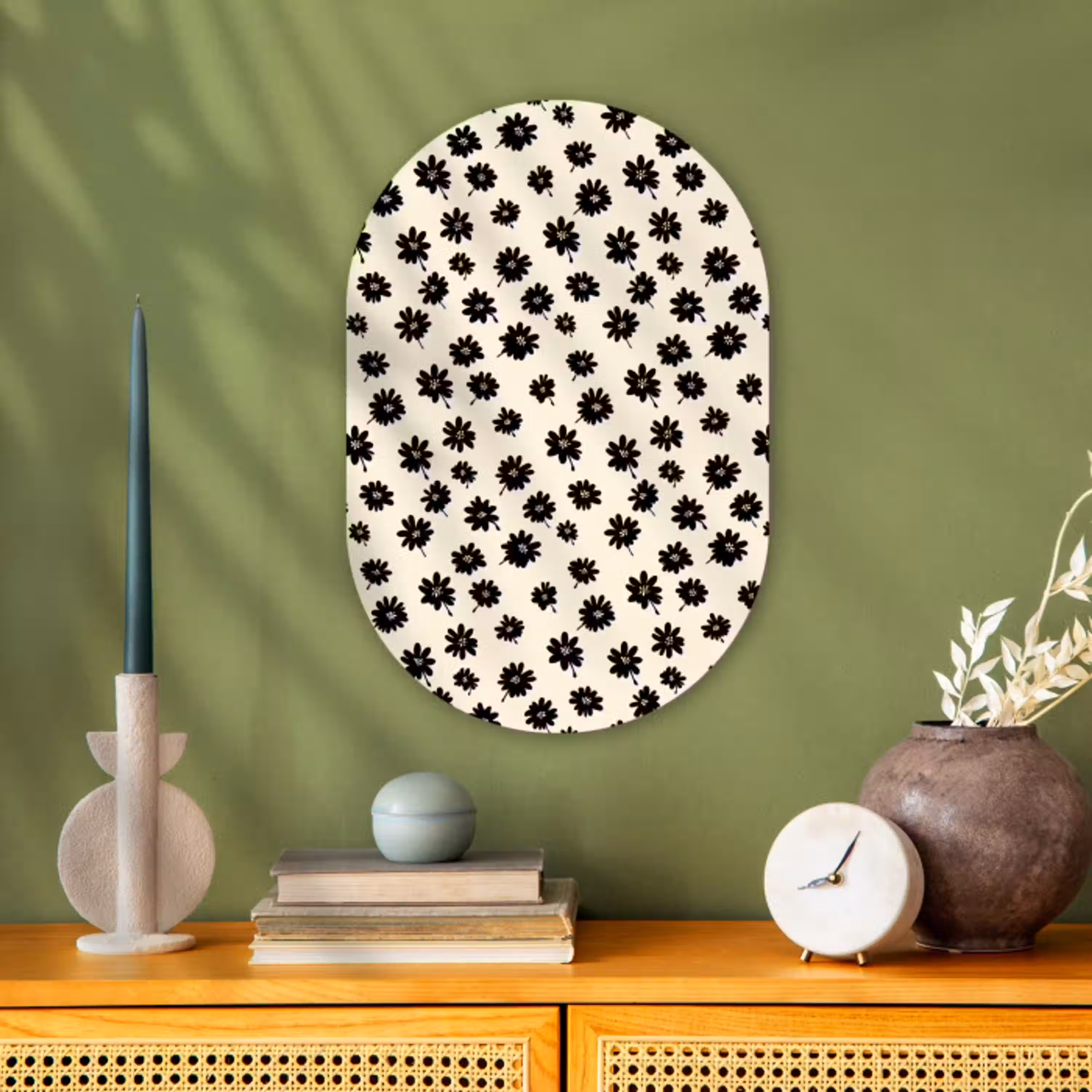 Madeliefjes - Grafisch - Zwart - Beige Wandcirkel Ovaal Forex klein 630 -sfeer2