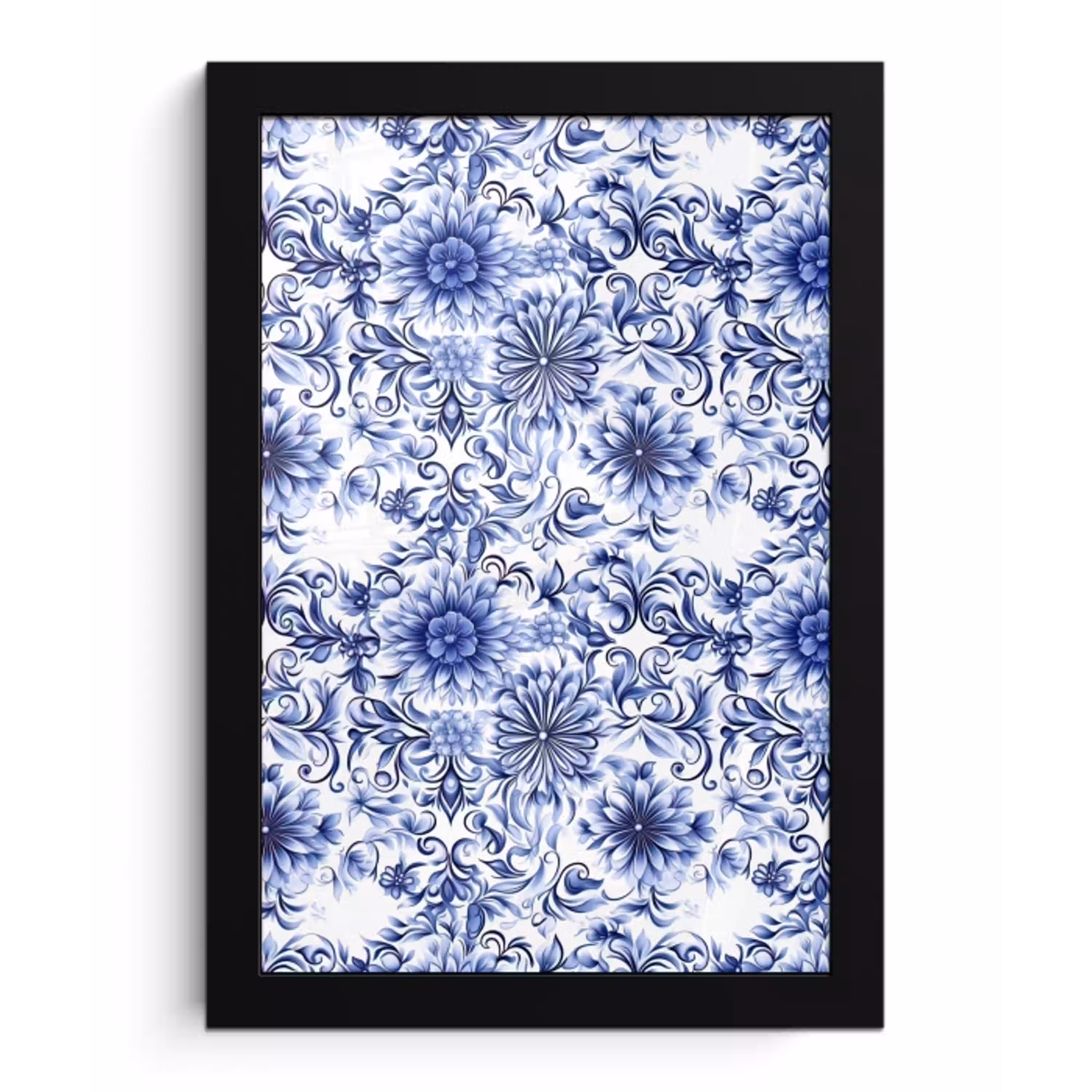 Bloemen - Blauw - Patroon - Wit fotolijst zwart zonder passe partout klein 224 -3d
